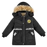 linboo Winterjacke Jungen Kinder Wintermantel mit Abnehmbarer Kapuze Gefütterte Jacke Verdickte Kinderjacke Winddichte Warme Steppjacke, Schwarz, 116-122