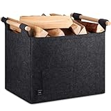 BONTHEE Filzkorb Holzkorb für Kaminholz, Filztasche Kaminholz Korb, Kaminholz Aufbewahrung Innen, Brennholztrage Tasche Holztasche für Kaminholz mit Holzgriffe - Dunkelgrau