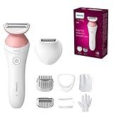 PHILIPS Lady Shaver Series 6000, Kabelloser Rasierer mit 6 Zubehörteilen Körperpeeling-Handschuh, Trimmer für die Bikinizone (Modell BRL146/00), Weiß/Rosa