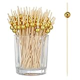 SOSPIRO 200 Stück Cocktailspieße Naturholzspieße mit Gold Acrylperle Holz Zahnstocher Cocktailsticks, Cocktail Pick,Food Sticks für Bar Party, Grillen Snacks, Obst-Spieß, Antipasti(12cm)(Gold)