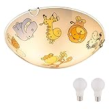 Globo Kinderzimmer Lampen Decke Mädchen Jungen mit LED - Deckenleuchte E27 - Deckenlampe 2 Flammig Weiß Bunt - Kinderzimmerlampe Kinder Tiere - Babyzimmer Lampe Zoo - Rund 30 cm