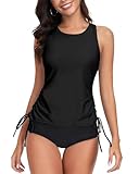 WOWENY Damen Tankini Oberteil Bikini Tank Top Bademode Crossback Strappy Swim Top Oberteil Schnell Trocknend Sommer Padded Swimsuit Shirt,RB-Schwarz,L