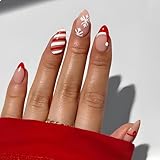 GlamRays 24 Stück Weihnachts Press on Nails Kurze Mandel Rot Französische Spitze Falsche Nägel Falscher Nägel Mit Designs Liebenswerte Weihnachts-Hut Schneeflocke Schleife