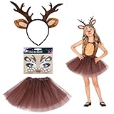 UILYNIU 3 Stück Kostüm Rentier Stirnband Mädchen Tierkostüm Kinder mit Rentier Haarreif mit Ohren Gesichtstattoo Tutu, Hörner Hirschohren für Karneval Halloween Kostüm Tier Ohren Weihnachten (3PCS)