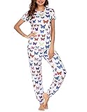 Ekouaer Schlafanzug Mädchen Kurzarm lang Pyjama Set mit Rundhals Zweiteilige Nachtwäsche Hausanzug für Sommer Schmetterling M