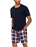 Uniexcosm Schlafanzug Herren Baumwolle Kurz Zweiteiliger Pyjama Set Nachtwäsche Kurzarm Oberteil und Karierte Schlafanzughose Hausanzug Sleepwear A:Dunkelblau M