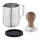 Navaris Espresso Tamper für Kaffee 51mm - Stempel Stampfer aus Edelstahl mit Holzgriff - Kaffeestampfer inkl. Silikonmatte und Milchkännchen