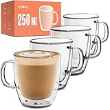 Cosumy 4 Doppelwandige Cappuccino Thermogläser mit Henkel 250ml - Halt die Temperatur länger - Schutz deine Hände - Mit Geschenkbox