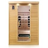 Dewello® Infrarotkabine Infrarotsauna Laval Plus 135cm x 105cm für 1-2 Personen aus Hemlock Tannenholz mit Keramikstrahlern, LED-Farblicht, Bluetooth, FM,MP3,USB