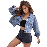 YLQQdMK Jeans Jacken Für Damen Damen -Denimjacke Herbst Raw Edge Ripped Denim Kurzmantel-Dunkelblau-M