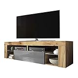 Selsey BIANKO – TV-Lowboard/TV-Schrank in Holz-Optik Lancaster Eiche mit Klappe in Grau Hochglanz Stehend 140cm