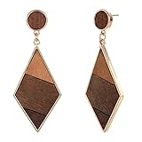 Emibele Ohrringe Damen, Ohrringe Hängend mit Geometrie-Design, Trendige Damenohrringe mit Goldbesatz, Stilvolle Diamantförmige Ohrringe aus Holz, Schmuck für Party & Verabredung, Braun