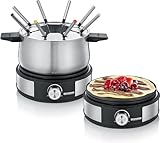 SEVERIN Fondue-Crêpes-Kombination, spülmaschinengeeignetes Fondueset mit 8 farblich markierten Gabeln, Fondue-Crêpes Maker-Kombi aus Edelstahl, schwarz, FO 2471