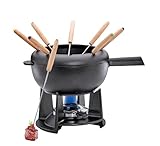 Spring Gusseisen Fondue Set schwarz | Ø 20 cm | mit 8 Fonduegabeln und Spritzschutz | für Käsefondue, Fleischfondue | Rechaud Brenner