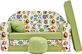 Pro Cosmo Kindersofa Bettfunktion 3in1 Sofa + Gratis Polsterhocker und Kissen Kindermöbel Set - Z5 Grün- Dschungeltiere