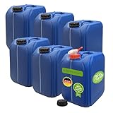 plasteo® 6er Set: 20 L Kanister Wasserkanister Blau inkl. Deckel und 1 x Auslaufhahn | BPA-Frei Lebensmittelecht | Camping Tragbar | Indoor und Outdoor | Made in Germany