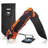 KOSxBO® Rescue Knife EMS Rettungsmesser mit Glasbrecher, Gurtschneider, Messertasche und Dog Tag, schwarz orange blau