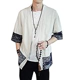 Siehin Herren Japan Happi Kimono Haori Jacke Übergangsjacke Baumwolle Leinen Mäntel (XL (Label:4XL), Weiß)