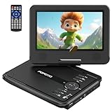 POFOTO 9,5' Tragbarer DVD Player mit 7,5' HD-Schwenkbaren Bildschirm, 4-6 Stunden Wiederaufladbare Batterie, DVD Player Auto mit Dual-Lautsprechern, Autoladegerät, Netzteil, Sync TV/USB/SD-Karte