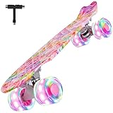 BELEEV Kinder Skateboard 22 Zoll mit LED Leuchtrollen Wheels, Komplette Mini Cruiser Skateboard für Kinder Jugendliche Erwachsene, LED Leuchtrollen mit All-in-one Skate T-Tool für Anfänger