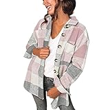 Mantel Damen Mit Fellkapuze Damen-Mantel Klassischer Button-Down-Plaid-Print Winter-Fleece-gefütterter -Mantel-Hemden-Outwear mit Mantel Damen Mit Knöpfen (Pink, L)