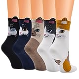 Bakicey Damen Mädchen Socken Stricken Socken Strümpfe Baumwolle Nette Cartoon Gemustert Mädchensocken - Elastisch Sport Socken Füßlinge Kurzsocken Damensocken, (5 Paar, Verwilderte Katzen)