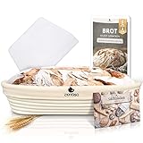 Exitoso Gärkörbchen oval 1kg aus Peddigrohr Ø35cm (Teigscharber, E-Book Rezept, Leinentuch) - Brot backen mit Gärkörbchen Set - Gärkorb oval Banneton Brotbackzubehör Gärform - Garkörbe Brot Brotbacken