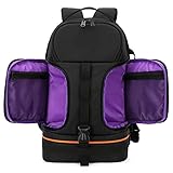 SUSQVHVCK Video wasserdichte Kamera Schultern Rucksack W Reflector Stripe Fit 15,6 Zoll LATTEOP Stoßfest Weiche gepolstierte Stativkoffer-Foto-Tasche Kameratasche(Black with Purple)