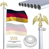 NQ Fahnenmast 6M stabil mit Adler, 5CM Durchmesser 20FT Aluminium Fahnenstange Höhenverstellbar, Flaggenmast Set für Außenbereich, Deutscher Fahnenmast(Silber)