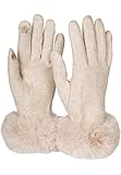 styleBREAKER Damen Touchscreen Handschuhe Einfarbig mit Kunstfell Besatz, warme Fingerhandschuhe, Winter 09010038, Farbe:Beige