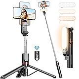 Stable Selfie Stick Stativ mit Abnehmbarer Fülllicht, Extra Langes 111cm Erweiterbar Handy Stativ mit Kabelloser Fernbedienung um 360° Drehbar für iPhone, Samsung, Huawei, Sony und Andere Smartphones