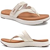 COFACE Flip Flops Damen Orthopädische Leder Stoff Leicht Zehentrenner Frauen Bequeme Plantarfasziitis Fussbett Breite Füße Badelatschen Sommer Strand Zehensandalen Rutschfest Gummi Sohle Weiß Khaki 40