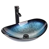 YU YUSING Aufsatzwaschbecken Waschbecken Glas Waschtisch, Oval Hand Waschschale mit Wasserhahn Set, Waschplätze für Badezimmer Küche Gäste WC, Modern Blau, 53 x 35 x 16 cm