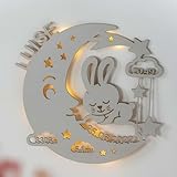 LAUBLUST Schlummerlicht Mond-Hase - Personalisiertes Baby-Geschenk zur Geburt & Taufe - LED Beleuchtung | Mausgrau