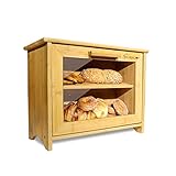 PURENJOY Bambus-Brotkasten für Küchentheke, Bambus-Brotkasten, zweilagiger Brotkasten mit transparenten Fenstern, voll verstellbares Regal, Brotkasten groß (Selbstmontage)