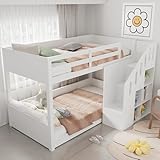 HAINEW Etagenbett Kinderbett 90 × 200cm mit Treppe und Offenes Ablagefach, Holzbett Hochbett Stockbett Funktionsbett mit Rausfallschutz und Lattenrost für 2 Kinder, Weiß