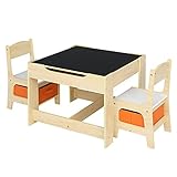 LEADZM Kindertisch mit 2 Stühlen, Kindertisch Maltisch für Kinder 3tlg Kindersitzgruppe aus Holz Kinder Tisch Stuhl Set Malttisch Tischplatte mit Tafel…