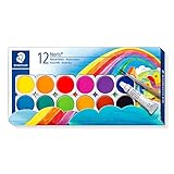 STAEDTLER Farbkasten Noris Club, leicht mischbare Wasserfarben, hohe Farbbrillanz, hervorragende Deckkraft, Set aus 12 auswechselbaren Farbtöpfchen, 1 Tube Deckweiß und 1 Pinsel, 888 NC12