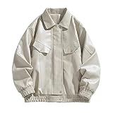 RKaixuni Herren-Bomberjacke aus Kunstleder, mit Knopfverschluss, veganes PU, Baseballjacke, Winter, Herbst, Mantel, Oberbekleidung, Tasche, A02#Beige, XL