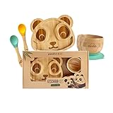 pandoo Kindergeschirr Set aus Bambus und Silikon Saugnapf | Geschirrset, Taufgeschenk | Esslernbesteck & Babyteller mit Saugnapf | 5-teilig: 1 Teller, 1 Schüssel & 2 Löffel (Panda)