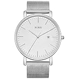 BUREI Uhr Herren Silber Minimalistische Ultra Dünne Quartz Analog Datum Edelstahl Mesh Band 41MM Armbanduhr Herren