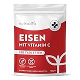 Eisentabletten mit 40 mg Eisen + Vitamin C (80mg) - 180 vegane Tabletten - Eisen Vitamin C Hochdosiert - ohne unerwünschte Zusatzstoffe - 6 Monate Vorrat - Hergestellt von Nutravita