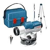 Bosch Professional Optisches Nivelliergerät GOL 20 D (20-fache Vergrößerung, Maßeinheit: 360 Grad, Arbeitsbereich: bis zu 60 m, Messlatte GR 500, Baustativ BT 160, im Transportkoffer)