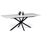 IDMarket Esstisch, ausziehbar, rechteckig, Alix, 6-10 Personen, Spinnenfuß, Metall, Schwarz, Platte mit Marmor-Effekt, Weiß, Alaska, 160 – 200 cm