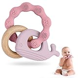 Vicloon Beißring für Babys, Beißring Spielzeug aus Silikon und Holzringe, Baby Zahnungshilfe BPA-frei, Schmerzlindernde Zahnen Nursing Zubehör für ab 3 Monaten Babys(Wal Rosa)