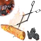 Kaminzange, 66cm Kaminholzzange mit Paar Handschuhe, Faltbar Feuerholzzange, Schwerlast Feuerzange, Lange Brennholzzange Geeignet für Lagerfeuer, Kaminöfen, Kohlezange, Kaminzubehör