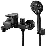 Badewannenarmatur Schwarz Wannenarmatur mit Handbrause Mischbatterie Badewanne mit Brause, Aufputz Wasserhahn Badewanne, 150mm Wandmontage Armatur Badewanne mit Duschkopf 3 Funktionen Schwarz Matt