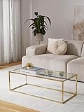 Westwing hochwertiger Couchtisch Maya mit Glasplatte in Gold, 110x36x50 cm, Wohnzimmer-, Sofa- und Beistell-Tisch