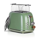 Wiltal Toaster Retro 2 Scheiben 6 Einstellbare Bräunungstufen，Edelstahl mit hochwertige Brötchenaufsatz Aufwärmen-Auftauen-Abbrechenfuktion，Countdown-Anzeige，Schnell-Toast-Technologie (grün)