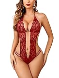 Avidlove Damen Sexy Bodysuit Unterwäsche Reizwäsche Body Rückenfrei Spitze Dessous Weinrot Medium